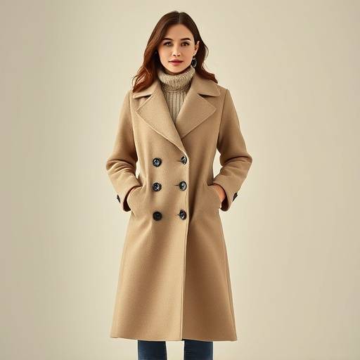 Une femme portant un long manteau en laine bouillie beige, tendance automne-hiver 2024-2025